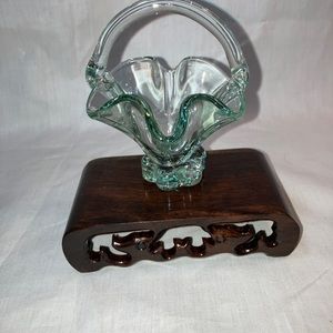 Small Green Glass Basket Toothpick Holder Made in Spain for Rosenthal Netter.